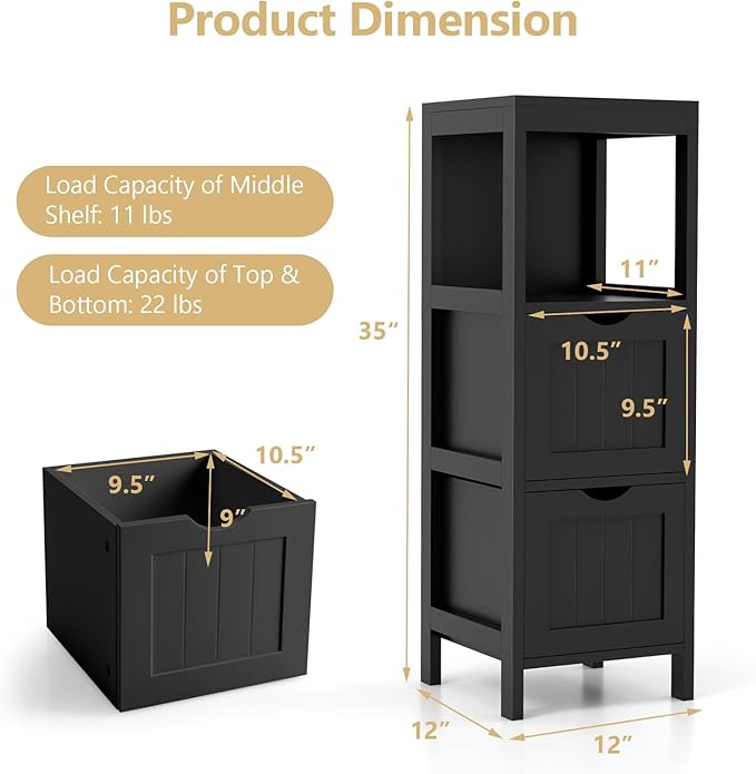 Tangkula Small Bathroom Storage Cabinet with 2 Removable Drawers, Wood Freestanding Floor Cabinet for Bathroom, Anti-Tipping Device, Side Corner Cabinet for Small Spaces (Black)