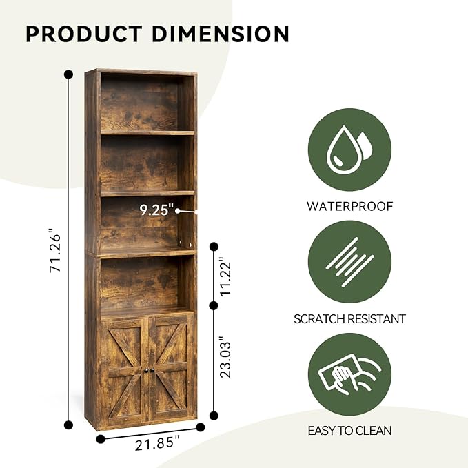 Tall Bookshelf, 6 Tier Floor Standing Bookcase with Two Hinged Doors, Storage Organizer Display Shelves, Modern Corner Bookshelf Storage Cabinet for Living Room, Office, Brown