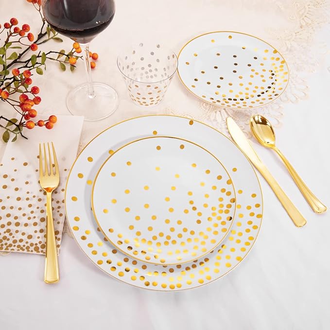 U-QE 350PCS White and Gold Plastic Dinnerware Set - Graduation Plates and Napkins 2025 - Graduation Party Supplies Include Gold Dot Plastic Plates, cutlery, Napkins, Cups