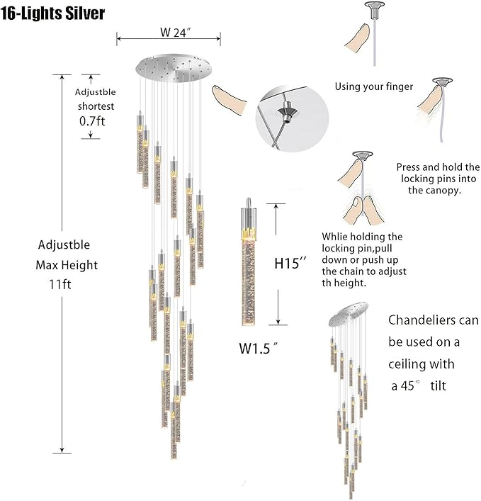 Flashing God 11feet Long Staircase Chandelier Modern Silver 16-Lights Transparent Crystal with Bubble Pendant Light High Ceiling Chandelier Dimmable 2700K-6000K Villa Entrance Foyer Lighting