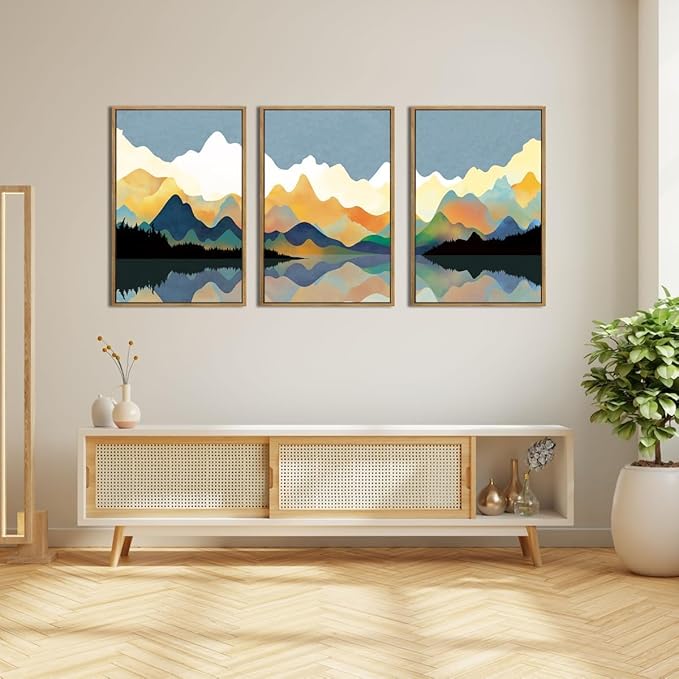 Large Abstract Mountain Lake Framed Canvas Wall Art,Watercolor Boho Forest Wall Decor,Colorful Ridge Landscape Artwork,Modern Wilderness Art Print for Living Room,Bedroom,Office-24 x36 x3
