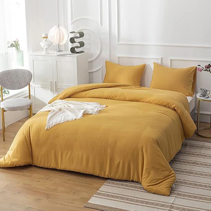 CLOTHKNOW Mustard Yellow California King Comforter Set 3Pcs Dark Yellow Bedding Comforter Sets All Season Soft Turmeric Comforter with 2 Pillow Cases