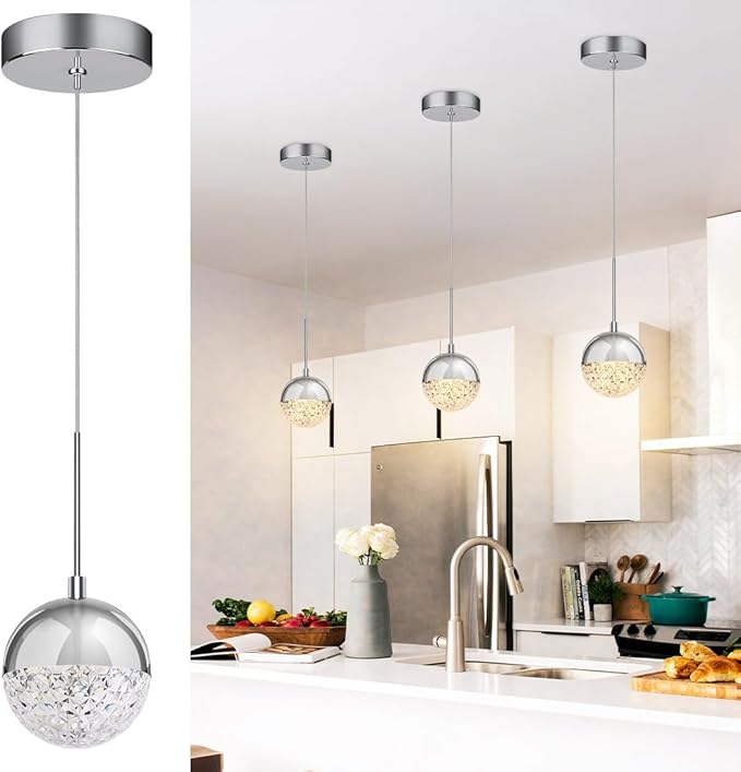 Crystal Pendant Light, Chrome Chandelier for Kitchen Island, Adjustable Modern LED Globe Pendant Light for Dining Room, 8W 3000/4000/5000K CCT Selectable, Dimmable, ETL 1-Pack