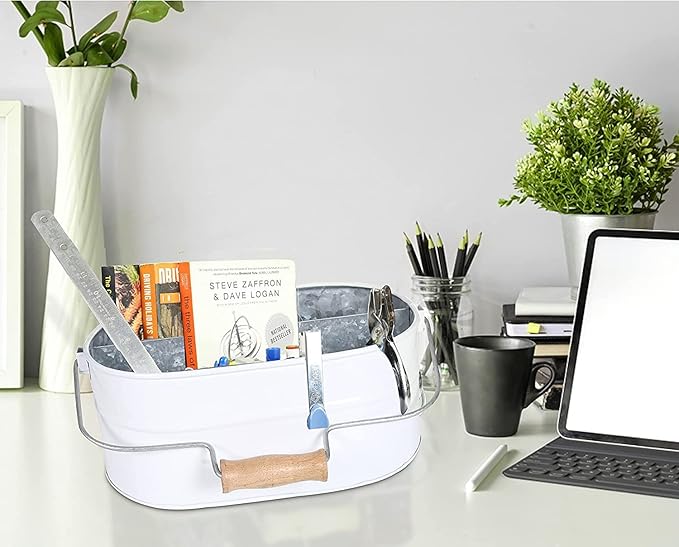 Alpha Living Home Rustic Galvanized Heavy Duty Metal Utensil Caddy – 4-Compartment Organizer with Removable Handle, White Farmhouse Chic Design for Kitchen, Picnics & Parties (White)