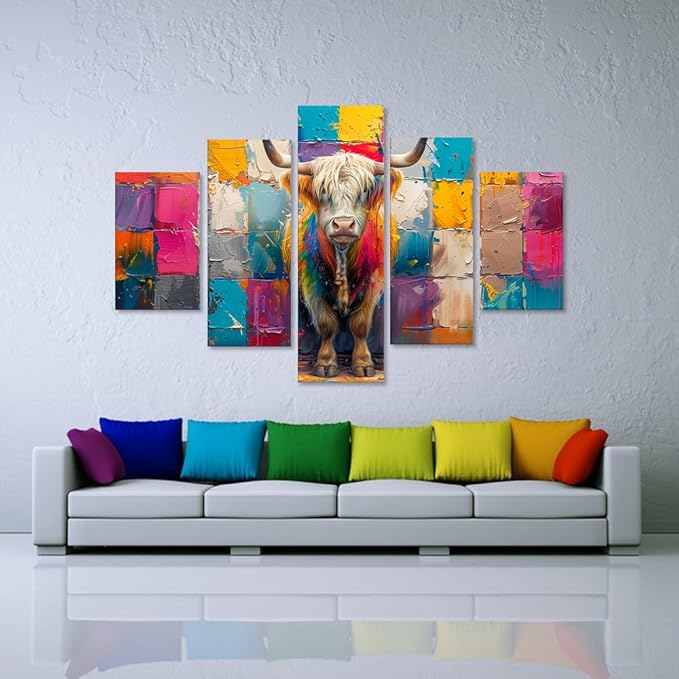 5 Panels Highland Cow Pictures Wall Decor Modern Animals Wall Art Colorful Oil Painting Style Highland Cattle Posters Wall Decor Living Dining Room Classroom Decor Framed - 60''W x 40''H