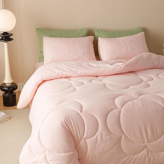 Luxlovery Pink Floral Comforter Set King Boho Light Pink Sunflower Quilts Blush Pink Bedding Comforter Set Rustic Plain Color Soft Breathable Cozy Comforter Women Girls