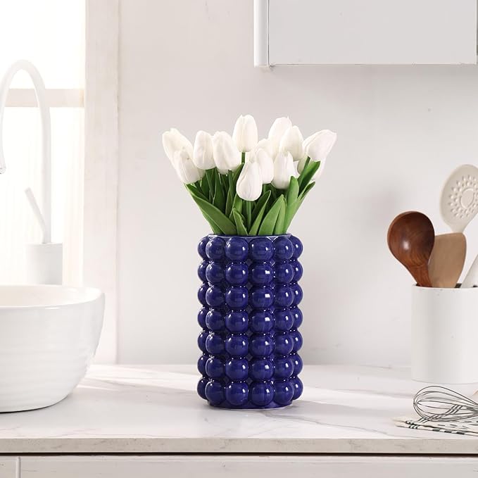 Bubble Vase, Blue Ceramic Vase, Short Vase, Ceramic Flower Vase, Modern Vase, Decorative Vase for Decor, Tall Bubble Vase for Living Room, Wedding, Entryway, Mantel, Office, 8.5 Inches