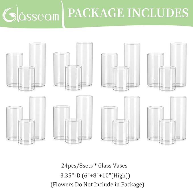 Glasseam Clear Cylinder Vases Set, 24Pcs Glass Vases for Centerpieces Bulk, Modern Floating Candle Holder for Decor, Hurricane Candle Holders for Wedding Table Decorations, 6"+8"+10"