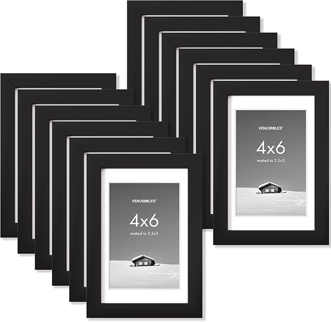 4x6 inch Picture Frame, 4x6 Photo Frames with 3.5x5 Removable Mat - High Definition Plexiglass - Vertical and Horizontal Display - Wall Hanging Frame - Black, 12 Pack