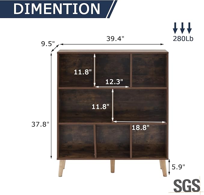 8 Cube Wood Bookshelf, 3 Tier Modern Bookcase with Legs, Open Display Cubby Bookshelf Freestanding Book Shelves for Home Office, Living Room, Bedroom, Brown
