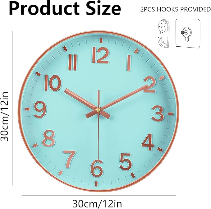 Wall Clocks Battery Operated, 12 Inch Non Ticking Digital Wall Clock, Silent Analog Clock for Bedroom Living Room Kitchen Office Gym Classroom, Large Number Clocks for Seniors Elderly, Blue