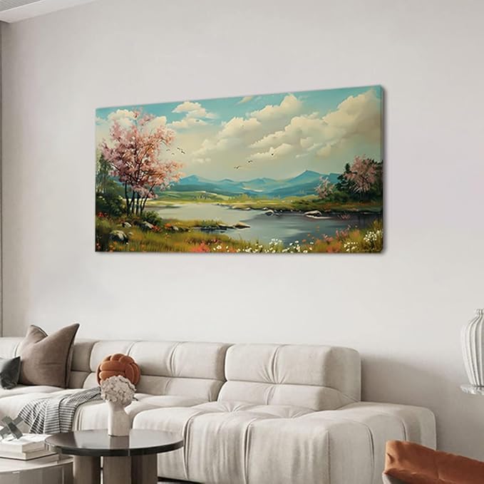 Green Grass and Pink Tree By Riverbank Wall Art Decor Artwork for Bedroom (30x60 Inches)