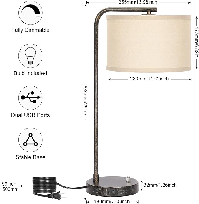 Bedside Table Lamp with USB C+A Charging Ports, Fully Dimmable Industrial Tall Nightstand Reading Desk Lamp for Bedroom, Living Room, Office, 9W LED Bulb Included