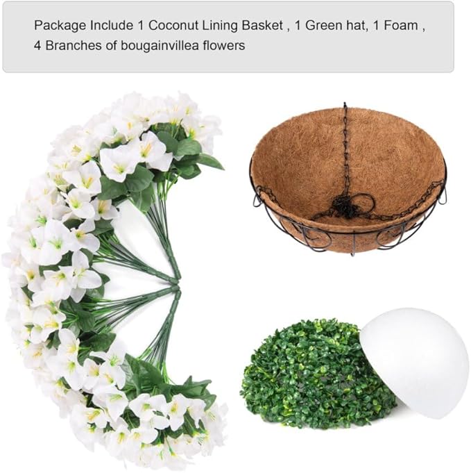 Artificial Hanging Flowers Plant with Basket for Outdoors, Fake Hanging Plants Silk Bougainvillea in Planter Look Real UV Resistant Faux Flower for Porch Patio Garden Home Decor (White-New)