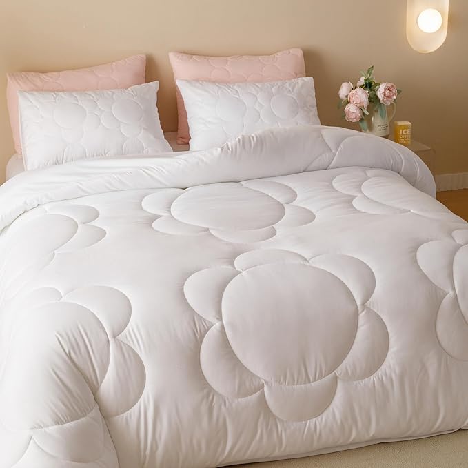 Luxlovery White Sunflower Comforter Set Queen Plain White Boho Farmhouse Quilts Floral Bedding Comforter Set Soft Breathable Elegant Bohemian Comforter Queen Size