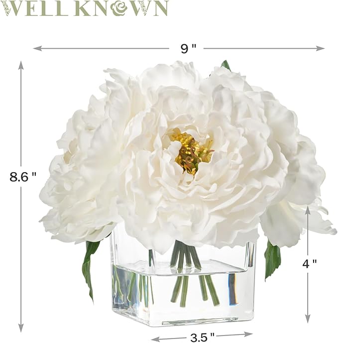 Artificial Peonies Flowers Arrangements in Cube Glass Vase, WELLKNOWN Ivory White Silk Flower Centerpieces for Dining Room Table, Coffee Table Decor, Faux Peony Flowers with Faux Water