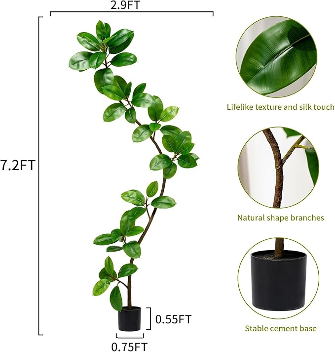 7.2ft Artificial Rubber Tree Faux Plants Indoor Faux Floor Artificial Trees Indoor,Fake Plant Fake Tropical Plants,Large Floor,Real Touch Rubber Tree for Home Decor