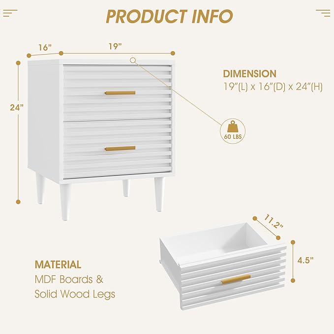 Alohappy Nightstands Set of 2, Mid Century Modern Night Stands, Fluted Bedside Tables for Bedroom, End Tables with Storage Drawers, Vintage Bed Side Table Wood Accent Table for Living Room, White 2pc