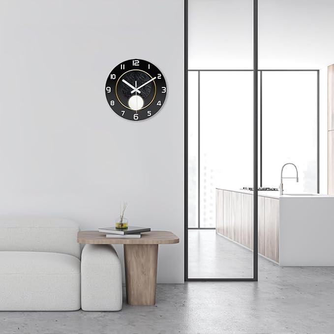 XNM Black Wall Clock for Office 14 Inch Contemporary Glass Wall Clocks Battery Operated Silent Clock for Wall