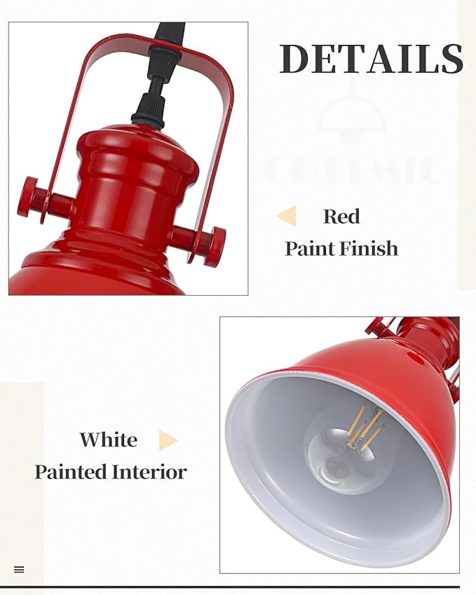 Red Pendant Lights Kitchen Island 3 Pack, Vintage Pendant Light, 6.5’’ Farmhouse Pendant Light Fixtures, Adjustable Height, Pendant Lighting for Dining Room, Living Room, Sink, Bar