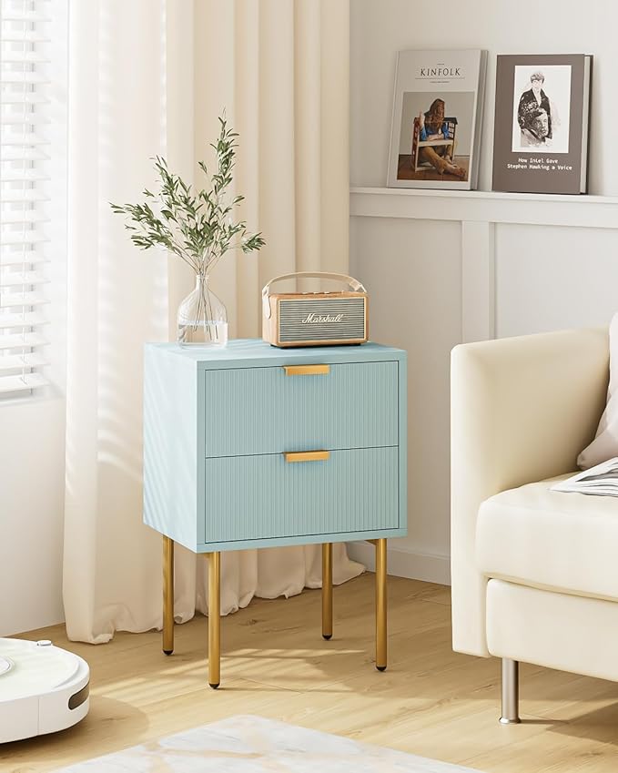 Nightstand,Morden Bedside Table with Gold Frame,Small White Night Stand,End Table,Bedside Furniture,Side Table with Drawer and Shelf for Bedroom,Living Room (2Drawers, Blue)