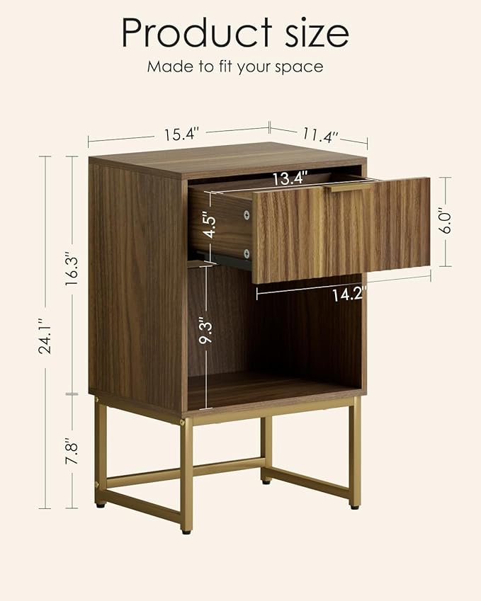 Masupu Fluted Nightstand,Modern Night Stand Wood Bedside Table with Storage Drawer Side End Table for Bedroom,Living Room,Office,Walnut Brown