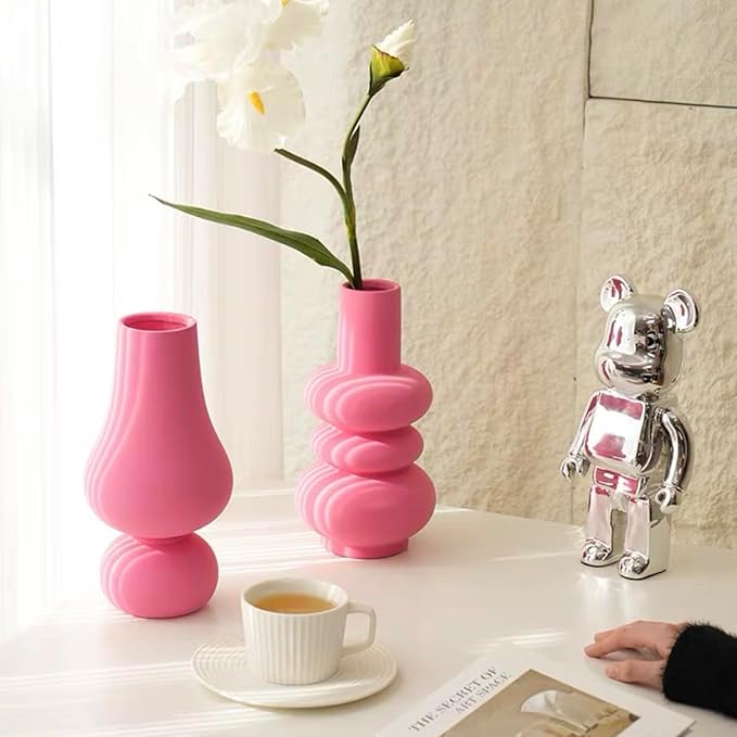 BLOFLO Hot Pink Ceramic Vase, Colorful Ceramic Vase, Modern Dried Flower Vases, Pink Round Vase for Centerpieces Wedding Dinner Table Party Office, Housewarming Gift (3 Layers Pink)