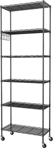 Homdox 6-Tier Storage Shelf Wire Shelving Unit Free Standing Rack Organization with Caster Wheels, Stainless Side Hooks, Black