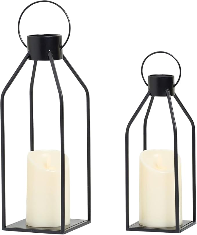 Modern Farmhouse Lantern Decor,16'' 12'' 2 Pcs Metal Candle Lanterns with Flameless Candles Black Decorative Lantern for Front Porch Covered Patio Dining Table Entryway Table Wedding Home Decor