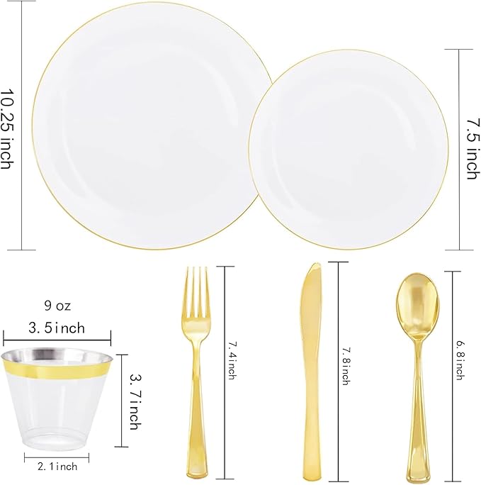 Rubtlamp 140Pcs Gold Plastic Plates, White Plates with Gold Rim, Disposable Dinnerware Include 20Dinner Platos, 20 Dessert Platos, 20Pre Rolled Napkins with Cutlery and 20 Cups for Party
