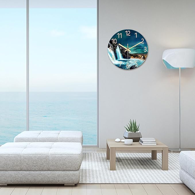 XNM Natural Landscape Teal Wall Clock for Bedroom Round Small Wall Clocks Battery Operated 12 Inch Glass Silent Clock Analog