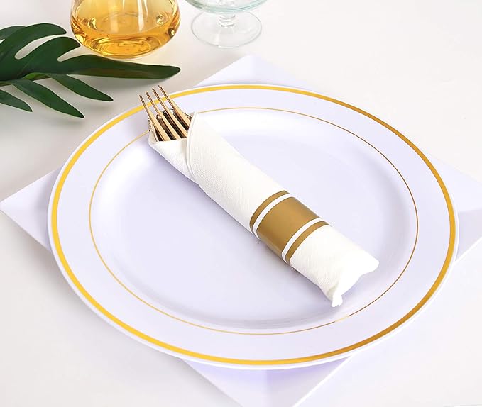 Supernal Pre Rolled Napkin with Gold Plastic Silverware Set of 30pack, Disposable Gold Silverware with Linen Napkin, Heavy Weight, Wrapped Plastic Silverware Suit for Wedding, Catering Event, Party