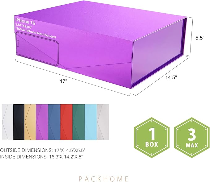 PACKHOME 17x14.5x5.5 Inches, 3 Extra Large Gift Boxes with Lids, Magnetic Closure Boxes for Clothes and Large Gifts (Glossy Purple with Grass Texture)