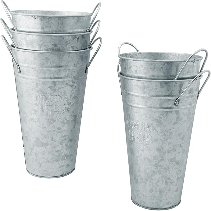 5 Packs 9.8 Inch, Galvanized Metal Vases with Handles, Rustic Tall Flower Buckets for Cut Flowers, Country Wedding, Table Centerpiece Decorations, Vintage Style Flower Containers