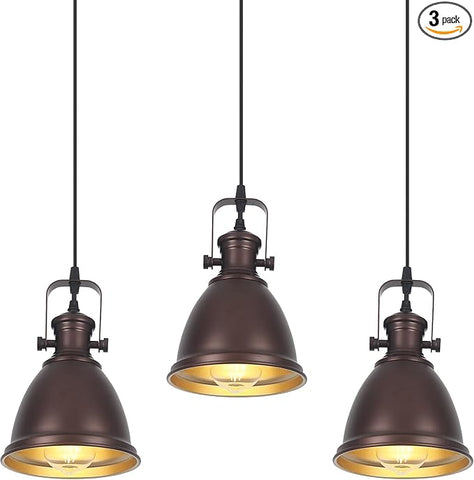 Brown Pendant Lights Kitchen Island 3 Pack, Vintage Pendant Light, 6.5’’ Farmhouse Light Fixtures, Adjustable Height, Pendant Lighting for Dining Room, Living Room, Sink, Bar