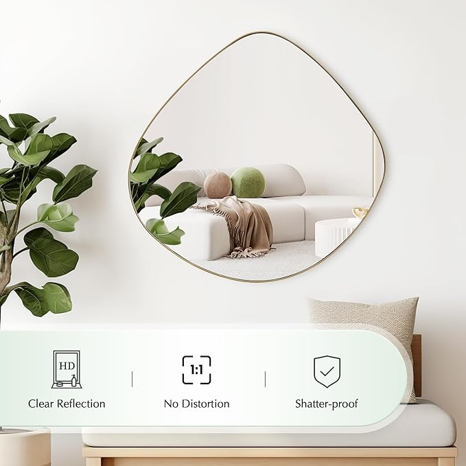Asymmetrical Wall Mirror Matel Brass Framed Wall Mirror for Living Room Bedroom Bathroom Entryway Wall Decor 32" L x 32" W ELE-002G