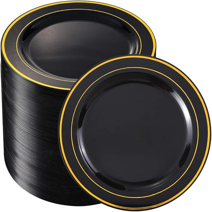bUCLA 100 Pieces Black and Gold Plastic Dessert Plates - 7.5inch Disposable Salad/Appetizer Plates - Ideal for Party, Graduation & Fathers Day