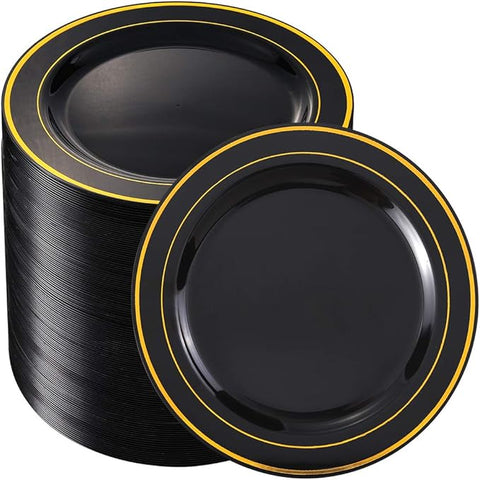 bUCLA 100 Pieces Black and Gold Plastic Dessert Plates - 7.5inch Disposable Salad/Appetizer Plates - Ideal for Party, Graduation & Fathers Day