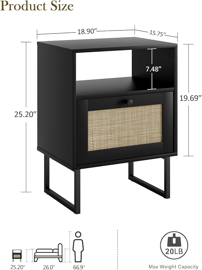 Rattan Nightstand, Mid Century Modern Night Stand,Boho Farmhouse Wood Bedside Table with Storage and Open Shelf, End Side Accent Table for Bedroom,Living Room,Black
