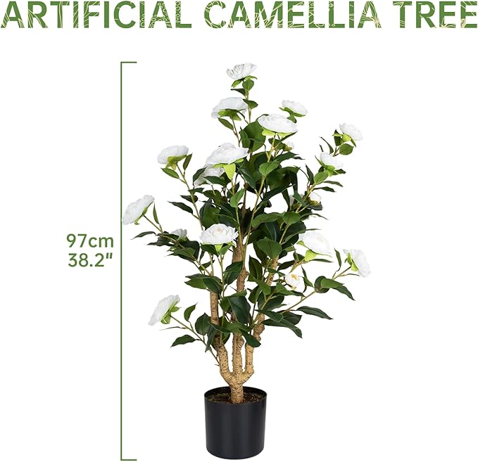 Romantic Season 2Pack Artificial Camellia Tree 3FT, White Faux Camellia Plant Fake Potted Camellia Flower Tree Plastic Camellia Tree for Modern Home Office Living Room Floor Décor Indoor