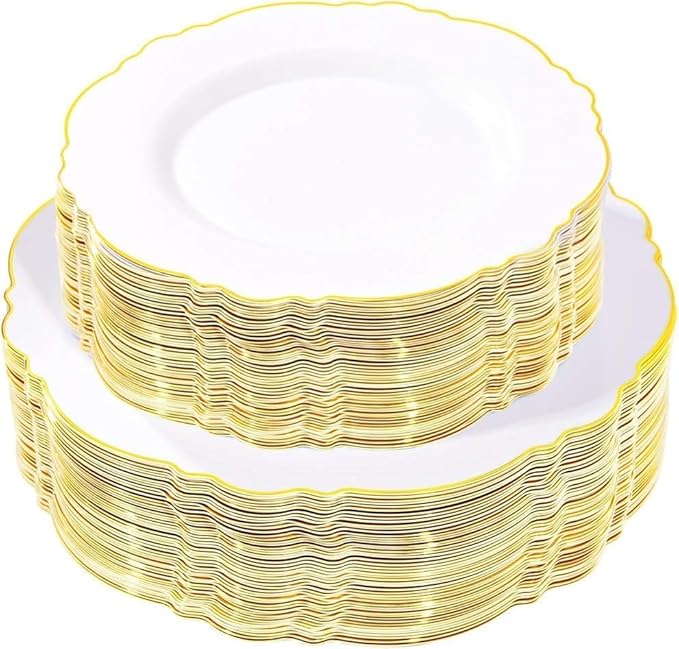 WDF 100pcs Gold Plastic Plates - High-end Baroque Design - Heavy Duty White &Gold Wedding Plates Set Ideal for Weddings/Party/Bridal Shower