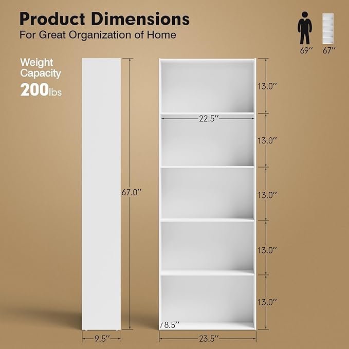 Tangkula 5-Tier Bookcase, 67” Tall Freestanding Bookshelf with 5 Open Shelves, Anti-Toppling Kits, Floor Display Storage Organizer for Living Room, Study, Kitchen, Home & Office (White, 67" H)