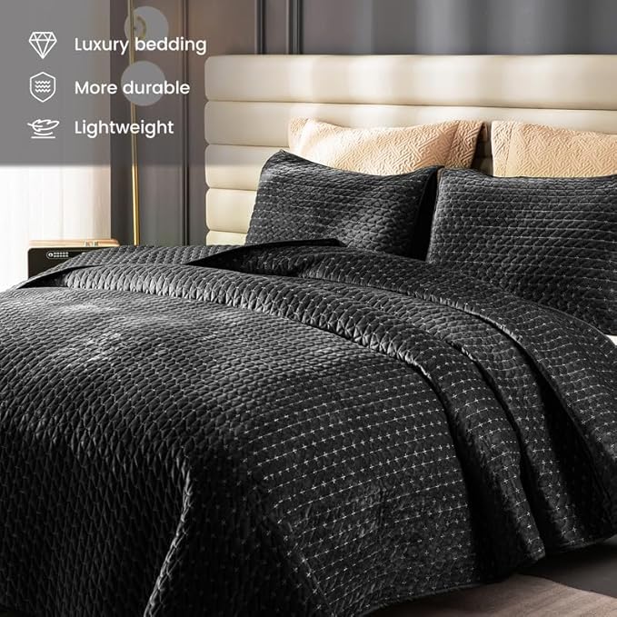 Black Velvet Quilt Twin Size Set,Lightweight Velvet Comforter Set,Luxurious Bedspread Coverlet with Brushed Back,Ultra Soft Cozy Warm for All Season