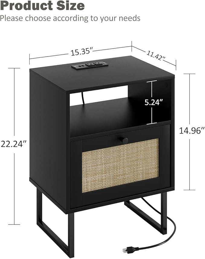 Rattan Nightstand with Charging Station, Boho Night Stand Farmhouse Wood Bedside Table with Storage and Open Shelf, End Side Accent Table for Bedroom,Living Room,Black