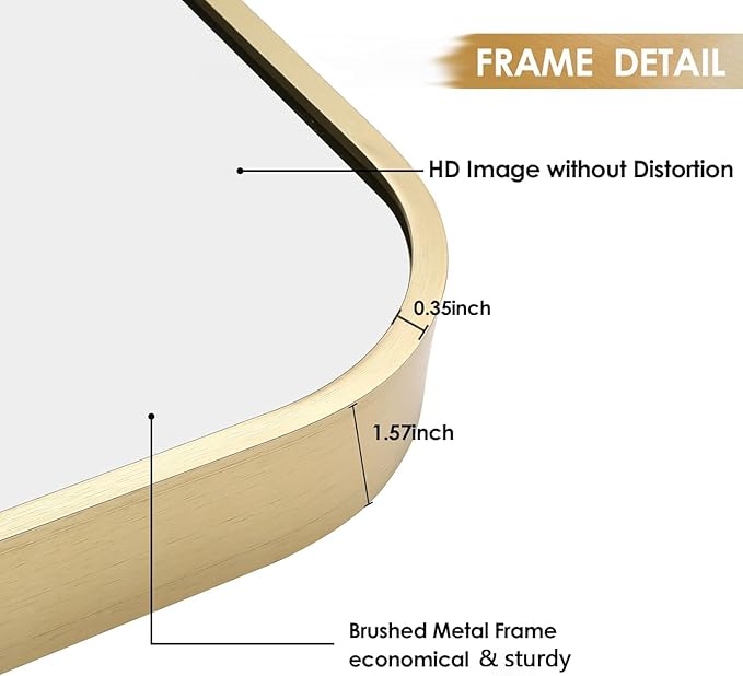 30x36 Inch Gold Bathroom Mirror, Brushed Brass Gold Metal Framed Rectangular Mirror with Rounded Corner, Bathroom Vanity Mirror for Bedroom or Living Room, Horizontal/Vertical