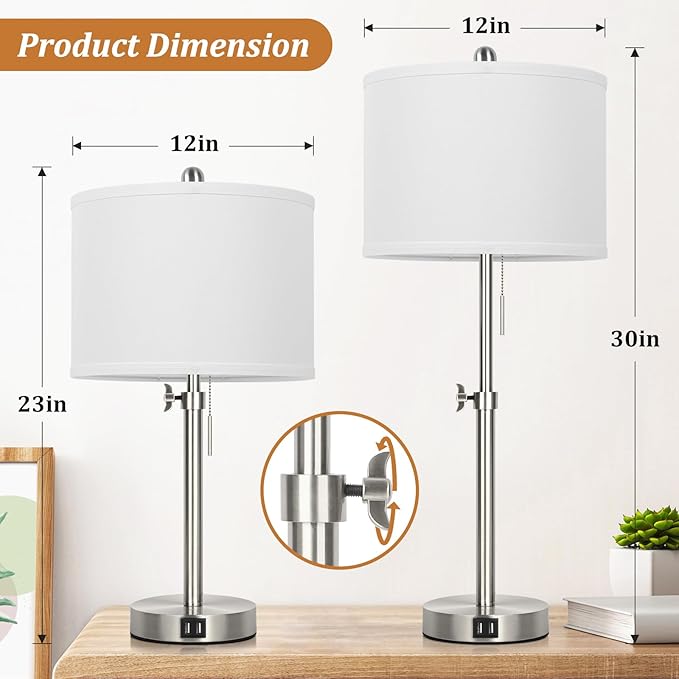 Table Lamp Set of 2 for Bedroom, Bedside Lamp with 2 USB Ports, 23" to 30" Height Adjustable Tall Table Lamp for Living Room End Tables, Modern Silver Nightstand Lamp with Pull Chain