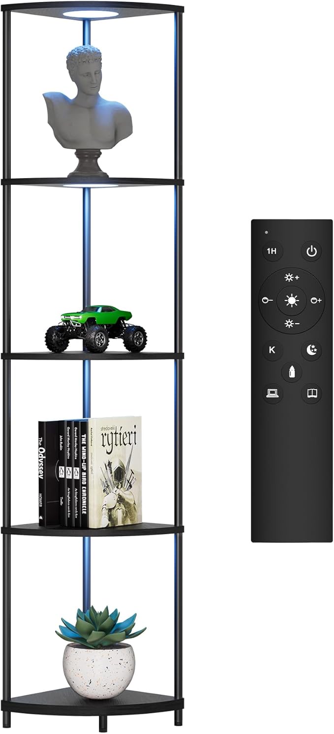 Corner Shelf with RGBCW LED Light, 64.5” Tall Floor Lamp Narrow Bookshelf Organizer, Standing Shelves with Metal Pole, Display Storage Rack for Wall Corner, Living Room, Bedroom, Office Décor, Black