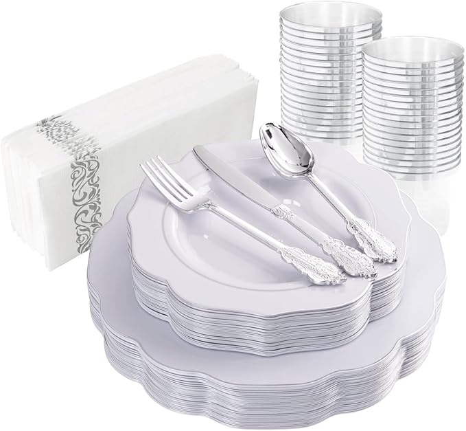 NOCCUR 175pcs Silver Plastic Plates - Christmas Plates - Silver Rim Plastic Tableware Include 25 Dinner Plates, 25 Dessert Plates, 25 Forks, 25 Knives, 25 Spoons for Wedding&Party