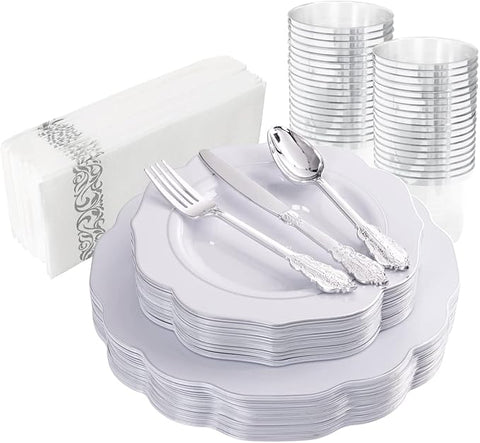 NOCCUR 175pcs Silver Plastic Plates - Christmas Plates - Silver Rim Plastic Tableware Include 25 Dinner Plates, 25 Dessert Plates, 25 Forks, 25 Knives, 25 Spoons for Wedding&Party