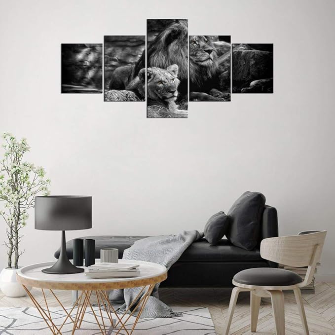 Yatsen Bridge 5 Piece Lion Picture Wall Decor Black and White Lion and Lioness Picture Printed on Canvas Modern Gallery-Wrapped Lion Painting Ready to Hang for Home and Office Decor - 50''W x 24''H
